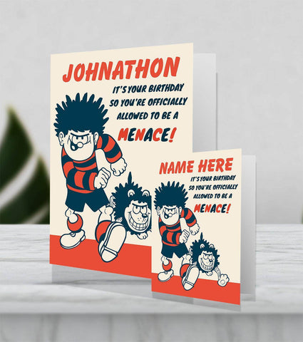 Giant Personalised 'Allowed To Be A Menace' Beano Dennis The Menance Birthday Card an Official Beano Product
