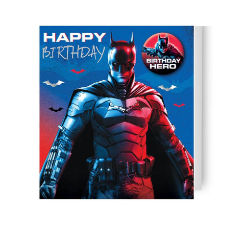 Biglietto di compleanno Batman con badge, prodotto con licenza ufficiale