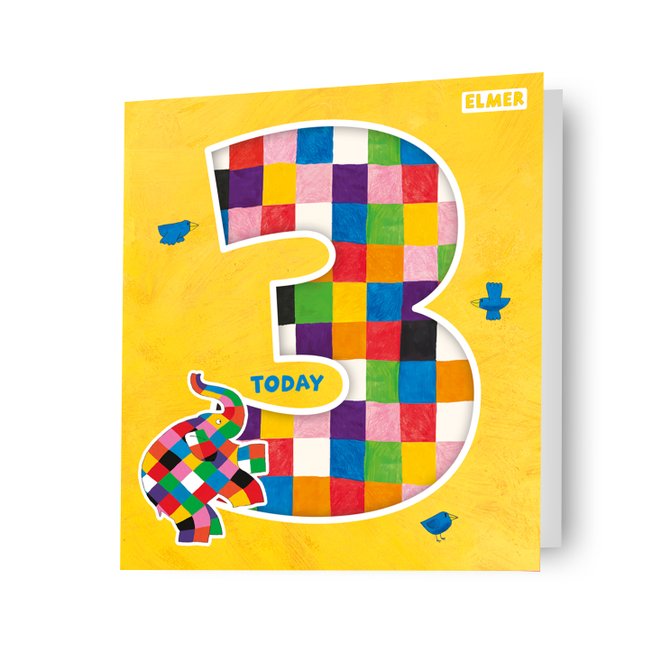 Biglietto d'auguri Elmer l'elefante patchwork età 3 anni