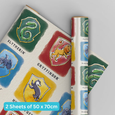Harry Potter Hogwarts Houses 2 Sheets & 2 Tags Wrapping Paper