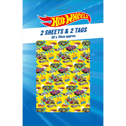 Hot Wheels 2 Sheets & 2 Tags Gift Wrap