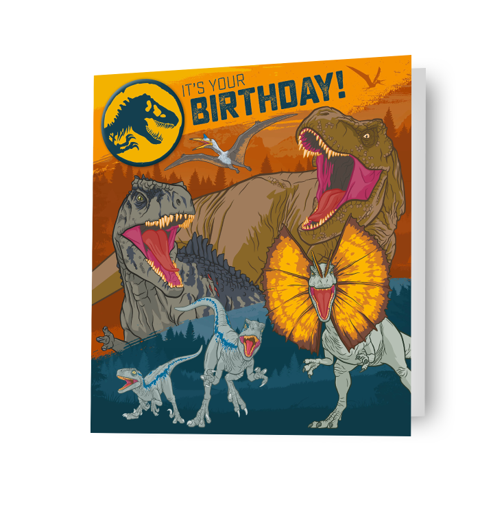 Jurassic World Birthday Badged Dinosaur Card, prodotto con licenza ufficiale