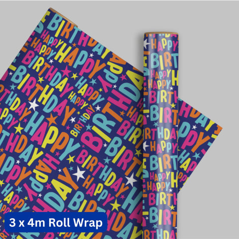 Unlicensed Happy Birthday Wrapping Paper 4m Roll Wrap - 3 Pack Bundle