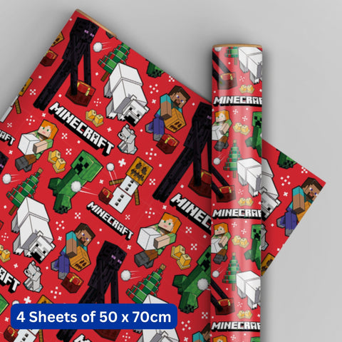 Minecraft Christmas Wrapping Paper 4 Sheets & 4 Tags