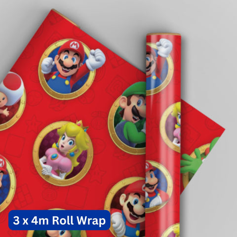 Super Mario 4m Roll Wrapping Paper - 3 Pack Bundle