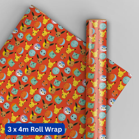 Pokemon 4m Roll Wrapping Paper - 3 Pack Bundle