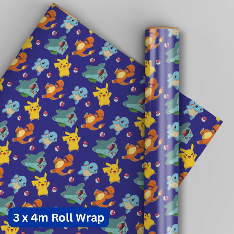Pokemon 4m Roll Wrapping Paper - 3 Pack Bundle