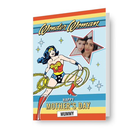 Biglietto personalizzato con foto per la festa della mamma di Wonder Woman