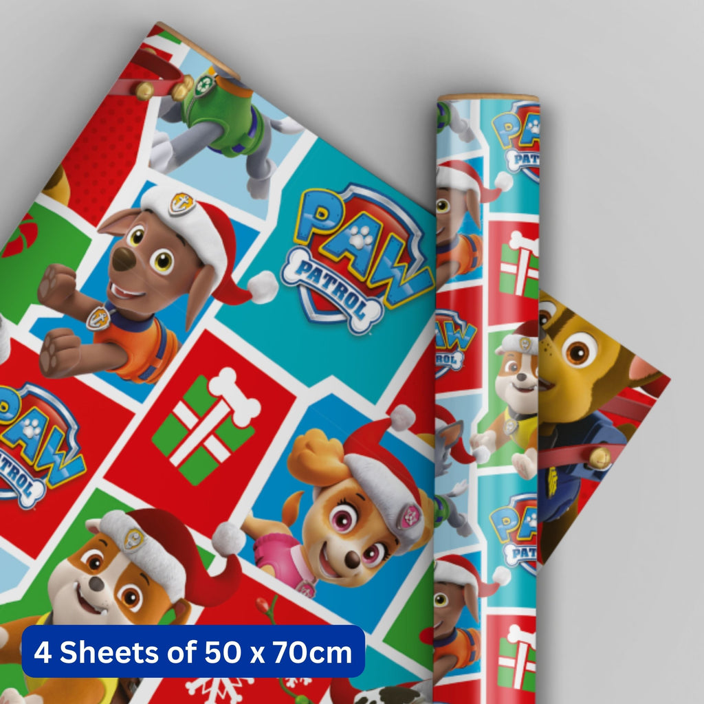 Carta da regalo natalizia Paw Patrol, 4 fogli e 4 etichette