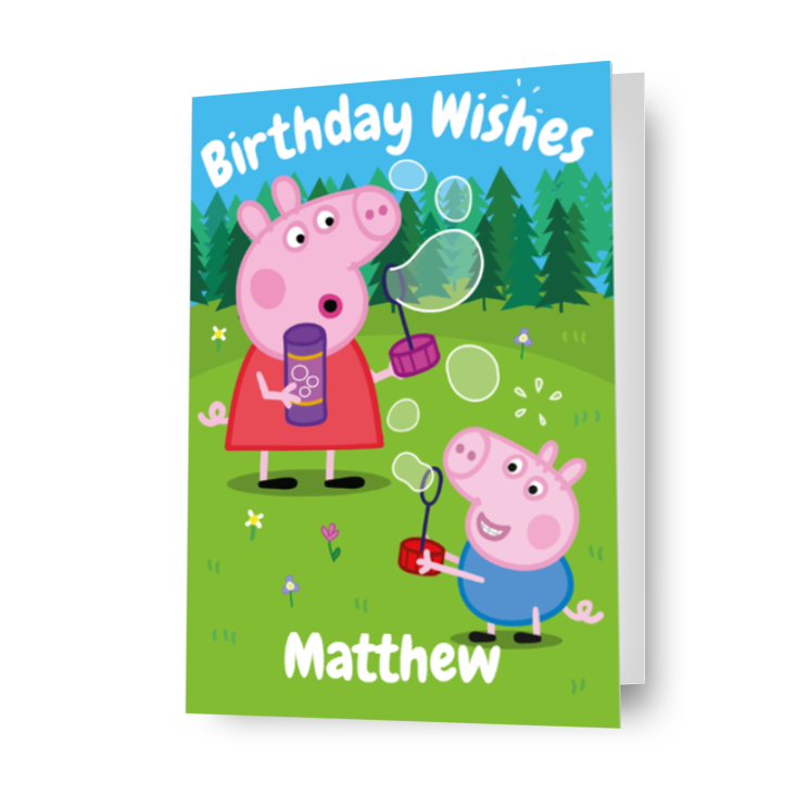 Biglietto d'auguri personalizzato Peppa Pig e George Bubble