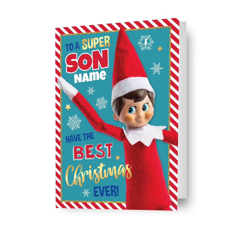 Gepersonaliseerde 'Have The Best Christmas Ever!' kerstkaart met Elf On The Shelf