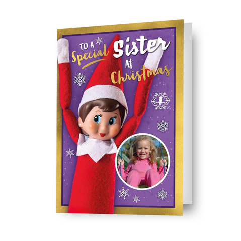 Cartolina fotografica natalizia personalizzata con elfo sullo scaffale sorella