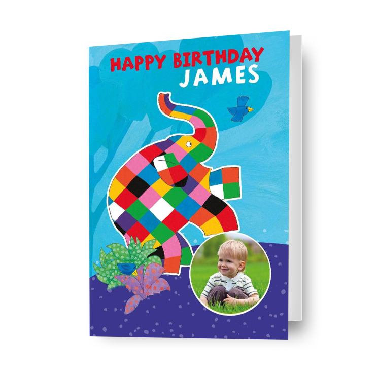 Elmer The Patchwork Elephant Personalised Photo Birthday Card