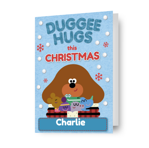 Biglietto di Natale personalizzato Hey Duggee 'Duggee Hugs' - qualsiasi nome