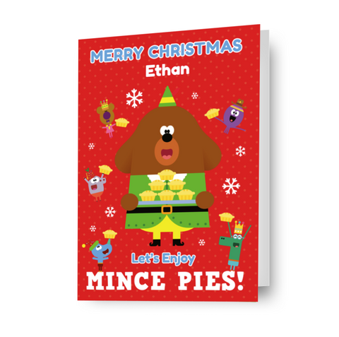 Cartolina di Natale personalizzata Hey Duggee 'Mince Pies' - qualsiasi nome
