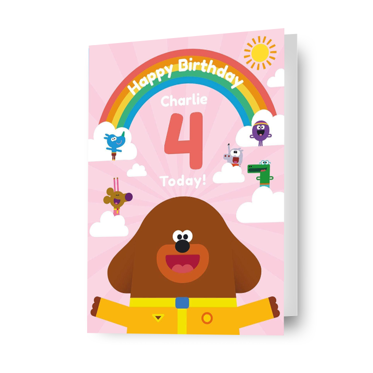 Gepersonaliseerde regenboog 'Happy Birthday'-kaart van Hey Duggee