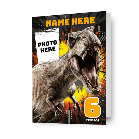 Biglietto d'auguri personalizzato per Jurassic World con qualsiasi nome, immagine ed età