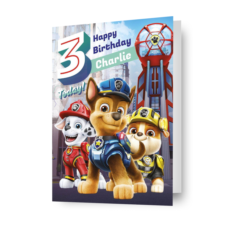 Gepersonaliseerde Paw Patrol-filmverjaardagskaart voor 3 jaar