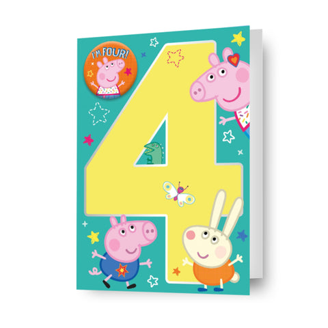Peppa Pig Age 4 Birthday Card with Badge