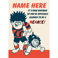 Personalised 'Allowed To Be A Menace' Beano Dennis The Menance Birthday Card an Official Beano Product